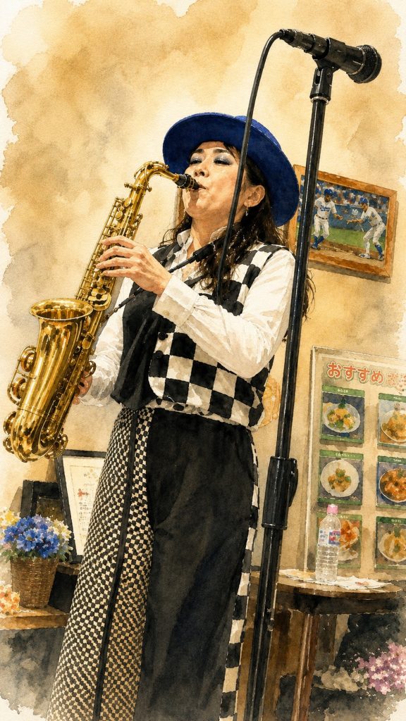 長崎の中園アーケード、ペールメールでのかわち家チンドンライブで演奏する楽士、小笠原由美