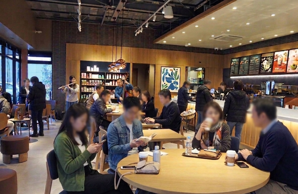 賑わうスターバックス店内の左奥スペースで、フルートとウッドベースのデュオ(小笠原由実と相方)がライブ演奏をしている様子。多くのお客様が演奏を楽しんでいます。